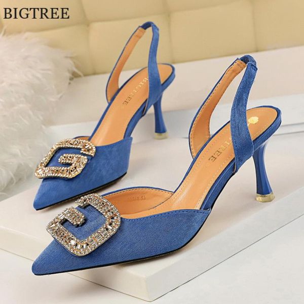 

dress shoes 7cm comfort heels women sandals 2021 elegant metal crystal buckle back strap woman flock shallow party office, Black