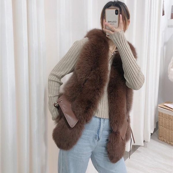 

women's fur & faux vest real sleeveless coat women genuine with sheepskin leather waistcoat jacket, Black