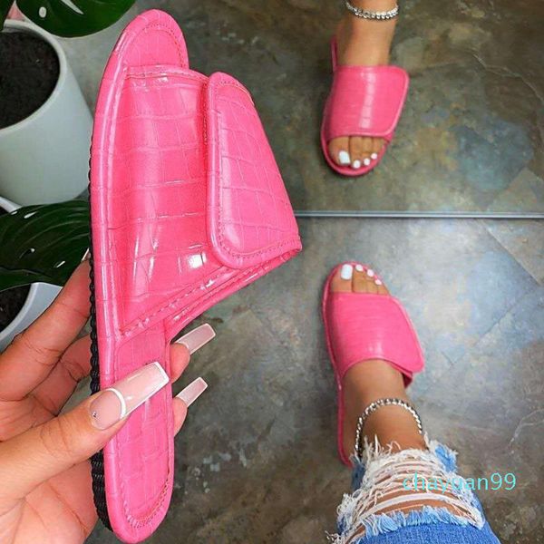 

2021 size flat sandals for women crocodile pattern leather fashion solid color flip flops summer beach hook&loop slippers, Black