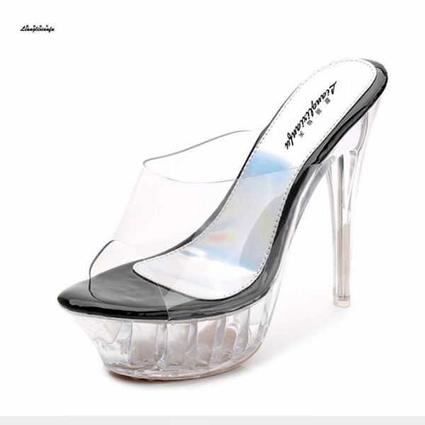 

elegant sandals women 14cm thin heels zapatos mujer feminino party transparent platforms slippers ladies banquet shoes, Black