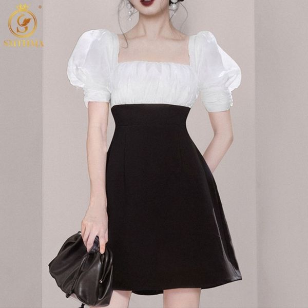 

korea chic square collar mini dress for women summer puff short sleeve slim high waist patchwork vestidos femme 210520, Black;gray