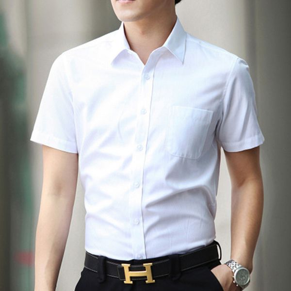 

summer short sleeve white shirt men's slim fit solid color business tooling professional dress oversize inch, White;black