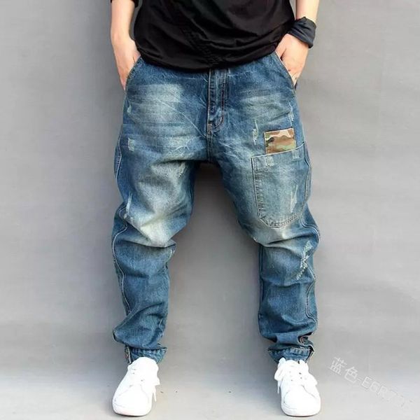 

lugentolo mens harem pants hip hop mid loose medium zipper full length plus size little feet ripped jeans for men, Blue