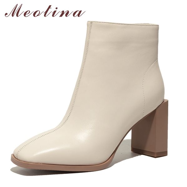 

real leather high heel ankle boots short women shoes square toe block heels zip lady footwear autumn black size 42 210517