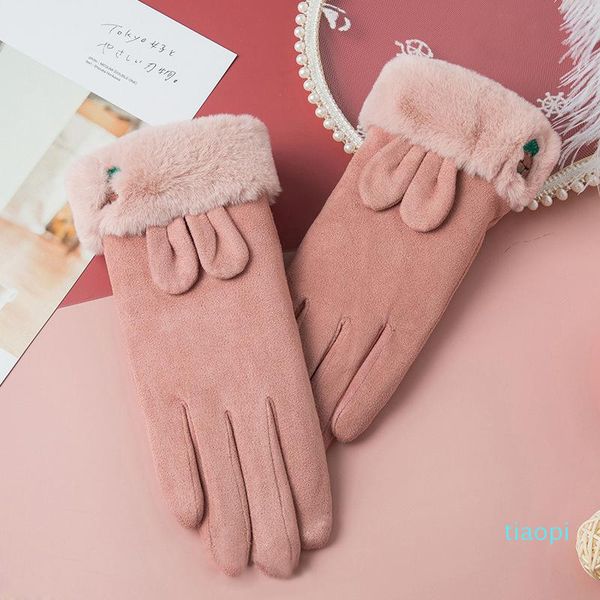

five fingers gloves japanese style women cute lovely keep warm touch screen suede soft windproof thicken add cashmere female cartoon, Blue;gray