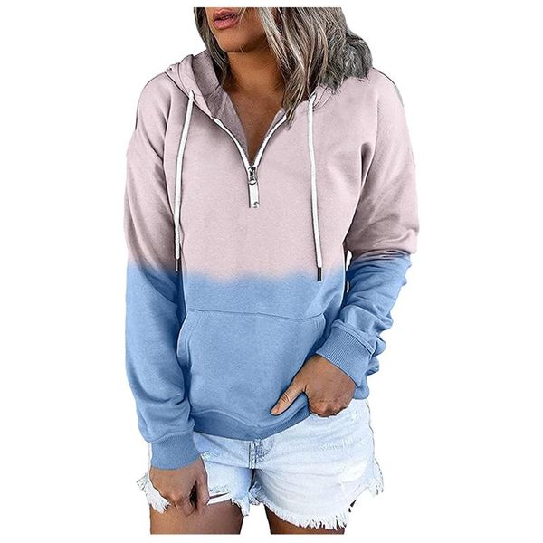

women's hoodies & sweatshirts women fashion gradient harajuku korean color block stitching pullover coat with zip moletom jacket, Black