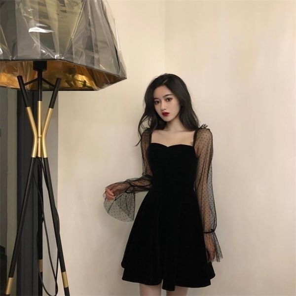 

black lace gothic vintage dress women elegant evening party club a line puff sleeve vestidos, Black;gray