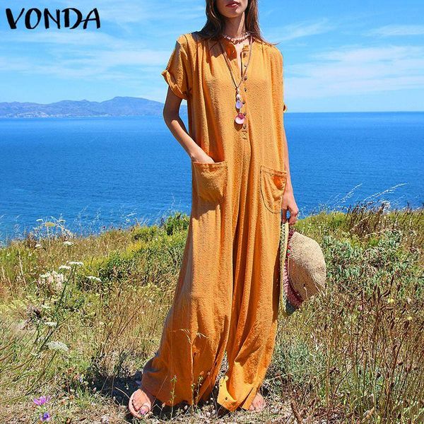 

casual women jumpsuits ladies rompers 2021 vonda palazzo wide leg pants shorts sleeve overalls long women's &, Black;white