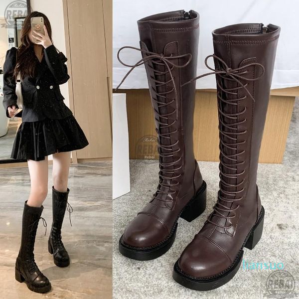 Stiefel Herbst Frauen Winter Schuhe Weibliche Damen Knie Lange Plattform Ferse Lace Up Schuhe Punk