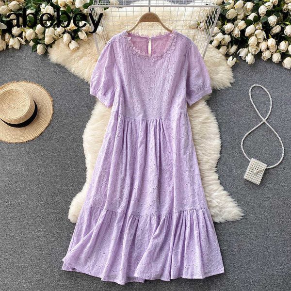 

women casual bohemian dress korean fashion puff sleeve loose a-line dress summer chic hollow streetwear midi sundress 210715, Black;gray