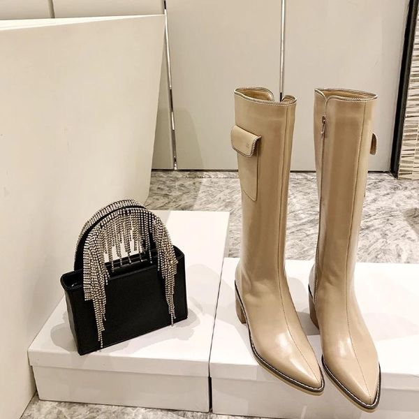 

boots luxury brands genuine leather big size handsome long boot thick mid heel pointed toe women zipper riding knee-high, Black