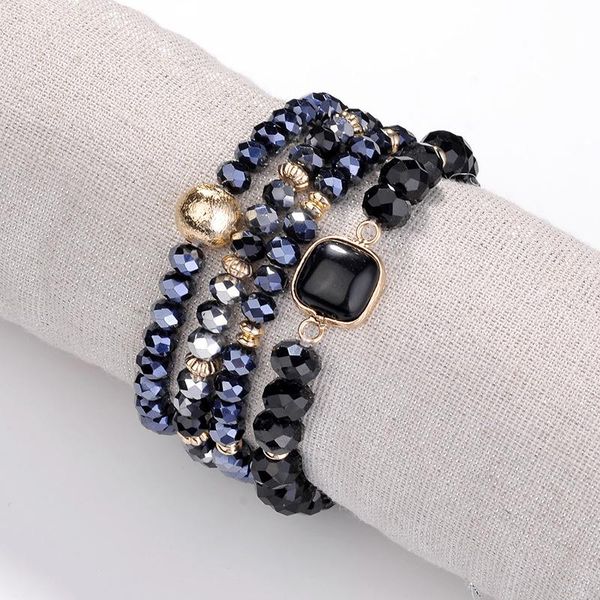 

beaded, strands 5colors square natural stone satin beads stretchable 4pc stacked glass crytstal beaded bracelet fashion brand women jewelry, Black