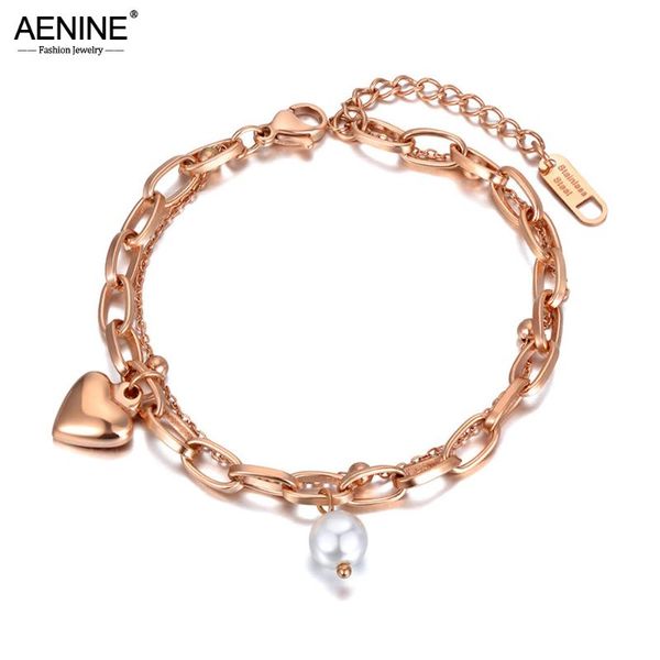 

charm bracelets aenine 316l stainless steel white pearl chain & link for women double layer bohemia heart bracelet ab20217, Golden;silver