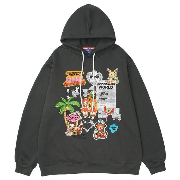 

men's hoodies & sweatshirts men harajuku fleece hoodie sweatshirt cartoon print hip hop oversized streetwear vintage korean hooded pull, Black