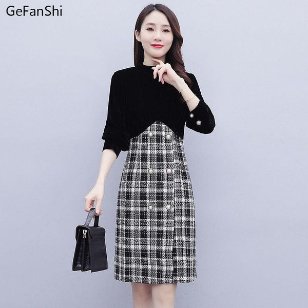 

casual dresses 2021 spring autumn women long sleeve patchwork vintage dress fashion elegant slim office lady robe, Black;gray