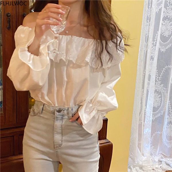 

women's blouses & shirts off shoulder autumn design cute sweet girls solid white womens ruffled hollow out lace blusas