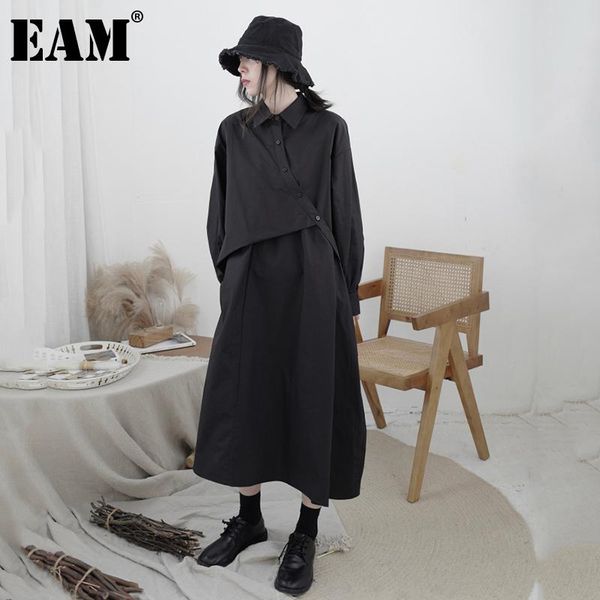 

casual dresses [eam] women black irregular split joint big size shirt dress lapel long sleeve loose fit fashion spring autumn 2021 1db127, Black;gray