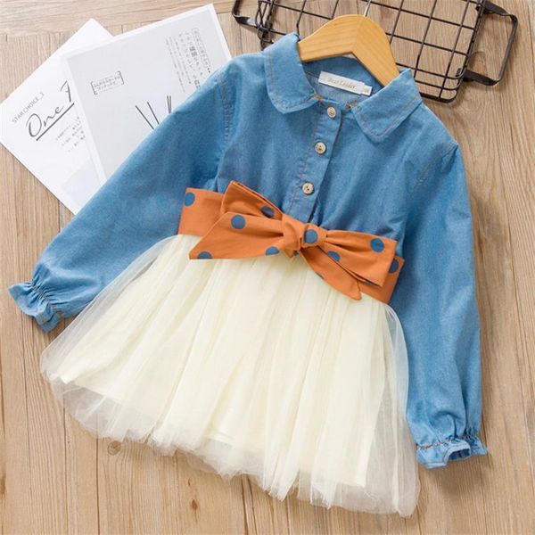 

girl's dresses fall denim girls full sleeve gauze dot sash kids princess es for baby clothes 1-5y e328522 smla, Red;yellow