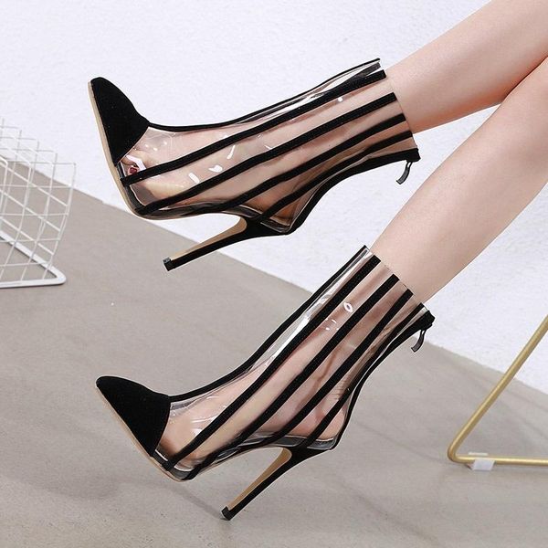 

boots women pointed transparent stitched high-heeled women's, Black