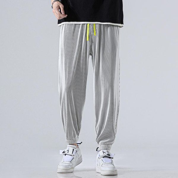 

men's pants spring and summer tie foot striped ice silk casual ultra-thin fast dry nine, Black