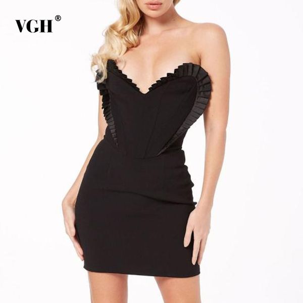 

vgh black bodycon dress for women v neck sleeveless high waist patchwork ruffle mini dresses female summer fashion new 210421, Black;gray