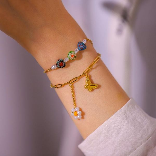 

charm bracelets hand couple bracelet for women butterfly cute flower bangles anklet gold stainless steel jewelry gift bag pack, Golden;silver