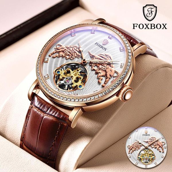 

wristwatches lige 2021 foxbox fashion wrist watch men automatic mechanical tourbillon leather waterproof business watches gift clock, Slivery;brown