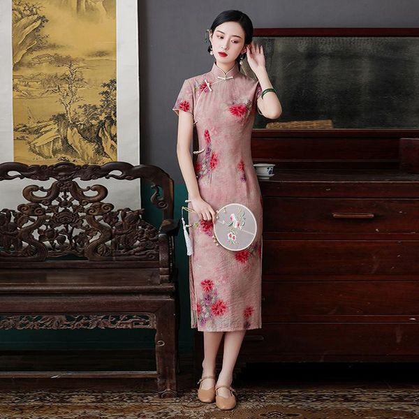 

ethnic clothing chinese style women flower cheongsam summer short sleeve qipao vestidos elegant evening party dress traditional stage show g, Red