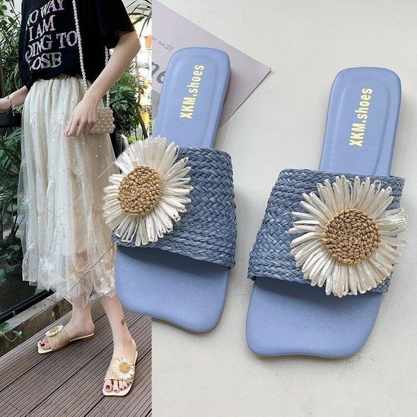 

slippers small fresh flat bottom daisy one word sandals, Black