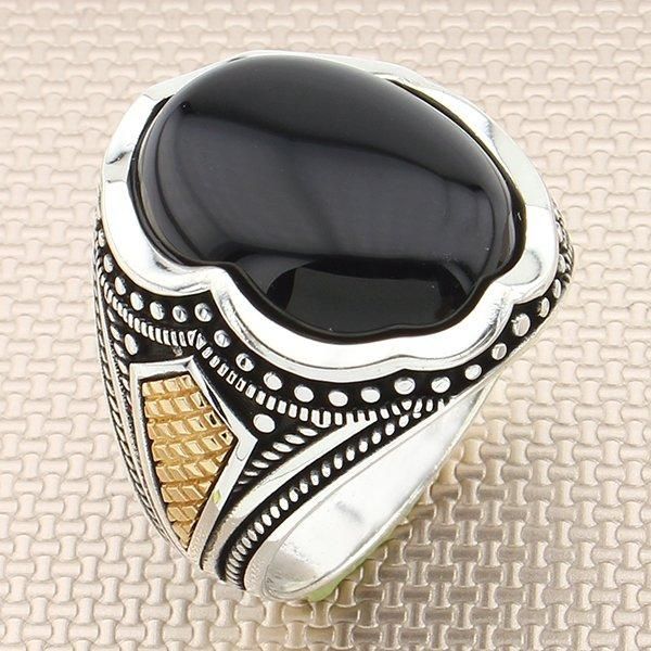 

cluster rings vintage gold color men silver ring oval black onyx gemstone made in turkey solid 925 sterling, Golden;silver