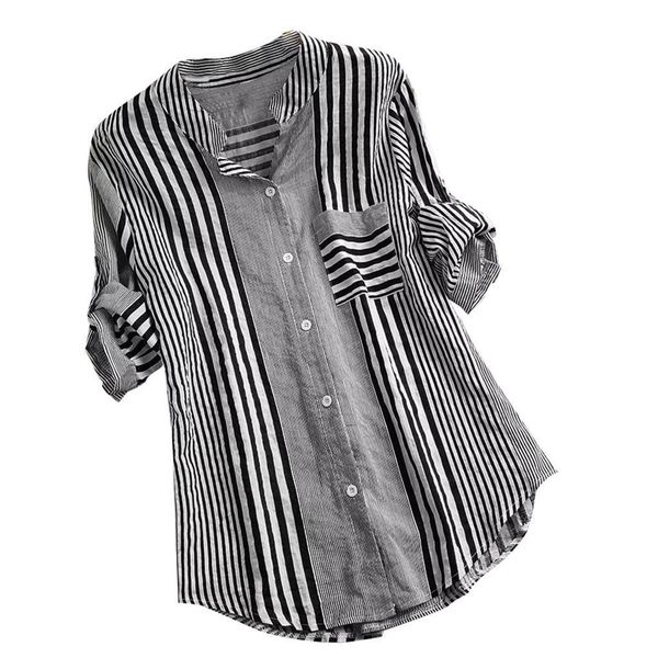 

womens shirt and blouses plus size three quarter striped blouse print v neck loose fit ropa mujer moda, White