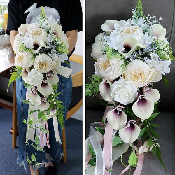 

wedding flowers artificial waterfall white bride bouquet peonies buket purple rustic calla lily flower cascading