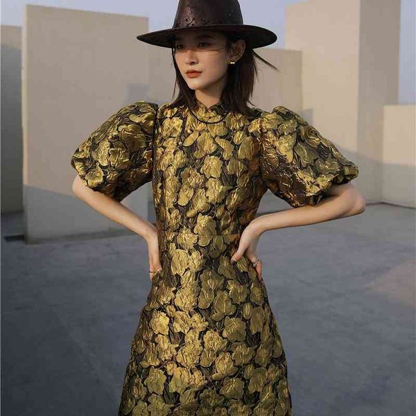 

casual dresses gold puff sleeve cheongsam spring summer 2021 women fashion short a line floral tunic mini elegant 1k1w, Black;gray