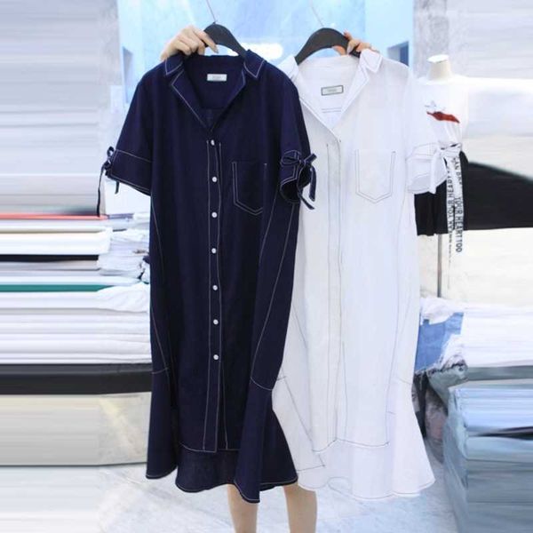 

spring summer solid polo collar short sleeve mid calf loose shirt dresses women 210615, Black;gray