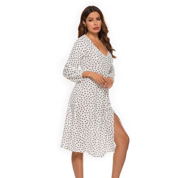 

chiffon women beach dress summer boho maxi dot print split slim streetwear long sleeve casual a-line sundresses deep v-neck women's swi, White;black