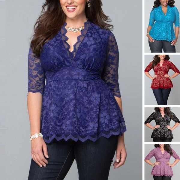 

women blouse lady clothing big plus size lace flower shirts casual hollow v-neck three quarter women's blouses &, White