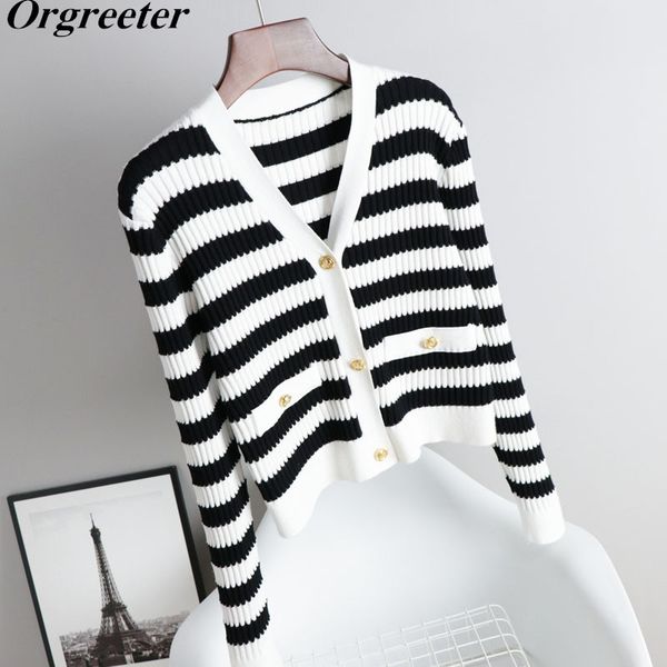 

retro black and white striped v-neck slim long-sleeved knitted cardigan spring fall fashion all-match korean sweater jacket 210525