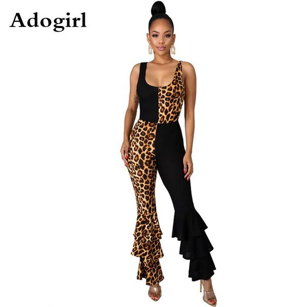

women's jumpsuits & rompers leopard print patchwork black jumpsuit ruffles flare pants spaghetti strap romper night club wear backless, Black;white