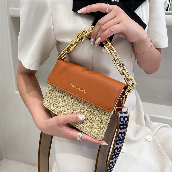 

bag style straw female contrast color portable textured retro small one-shoulder messenger thick chain square woven vsnbx