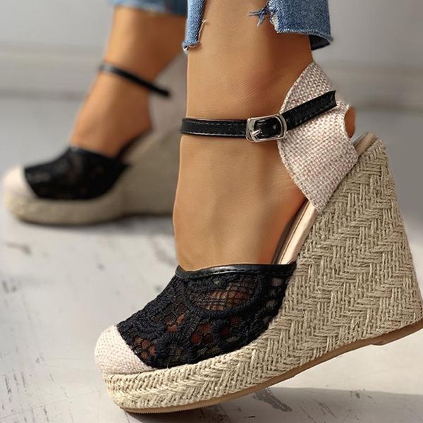 

women wedge sandals high heels plus size elegant lace mesh 2021 straw platform summer buckle toe cap, Black
