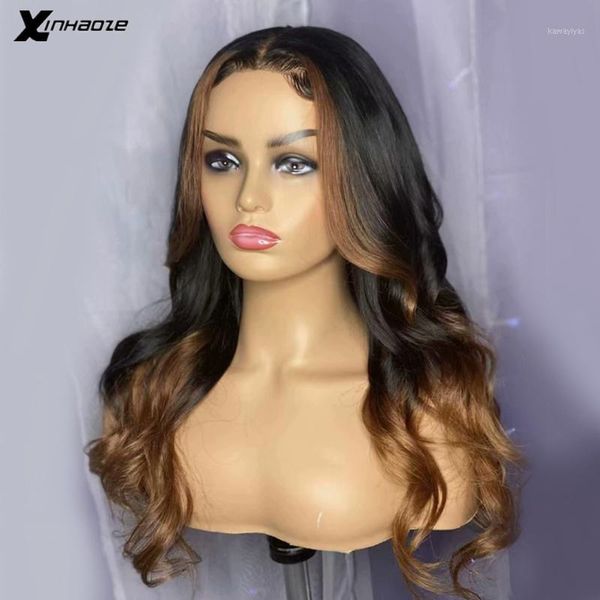 

brown auburn highlights body wave wig preplucked middle part 13x6 remy lace front peruvian ombre blonde bleached knots1, Black;brown