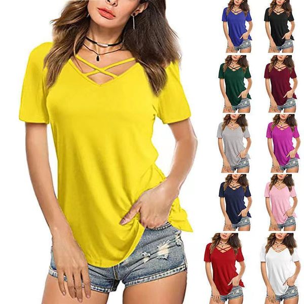 

women's t-shirt summer shirts women cross-chest v-neck 2021 spring short sleeve loose, White