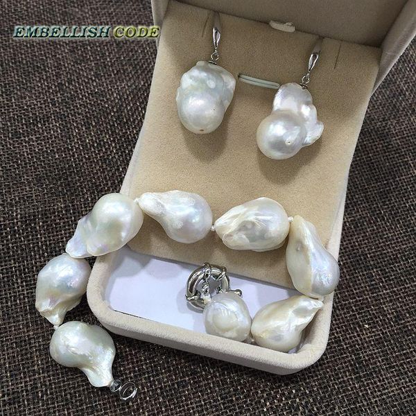 

earrings & necklace bracelet hook pearl set large size baroque or irregular style white color nucleated flameball pear shape, Silver