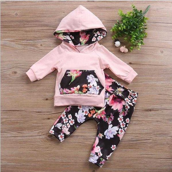 t-shirt e pantaloni con cappuccio floreale per bambine di moda per bambini all'ingrosso set per bambini 2 pezzi vestiti 210529