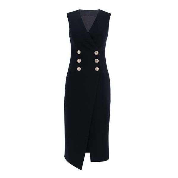 

designer women milan runway dresses sleeveless v neck lion head buttons double breasted female black slim mid long evening party dress vesti