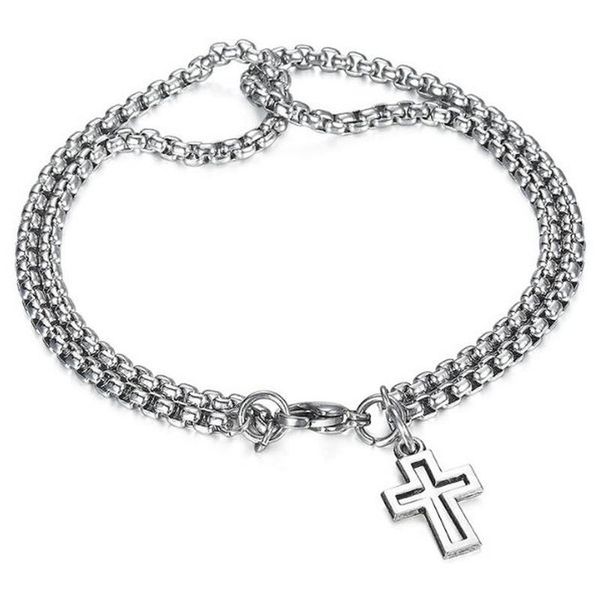 

link, chain double strand rolo with cross charms bracelet for men stainless steel lobster claw clasp closure, Black