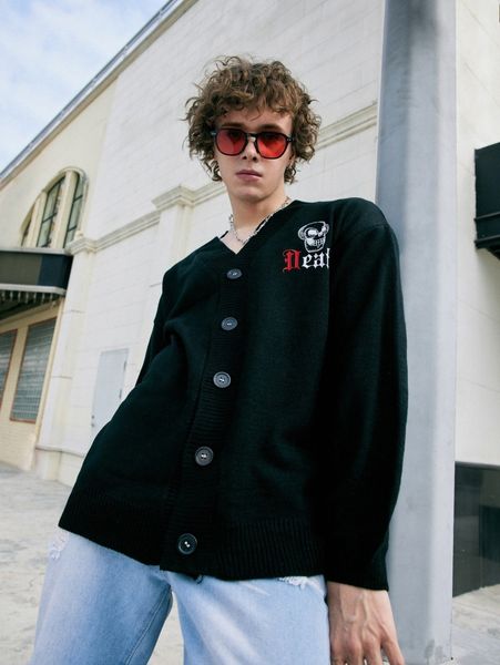 

romwe guys skull & letter pattern cardigan without tee e7ad#, White;black