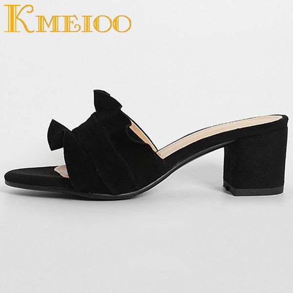 

kmeioo women sandals 2021 fashion ruffles slippers block heels slip on loafers pleated ladies dress casual shoes size us 5-14, Black