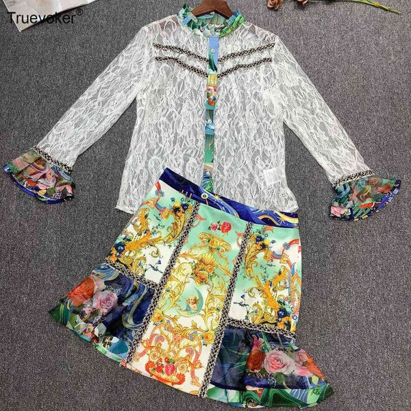 

truevoker spring runway fashion sets lady full sleeve white lace elegant + totem print mermaid skirt two pieces set 210602