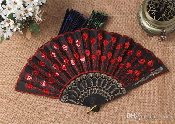 Großhandel Beliebte Chinesische Falten Pfau Hand Fan Perlen Stoff Dekor Farbige Gestickte Blumenmuster Schwarz Tuch KD1